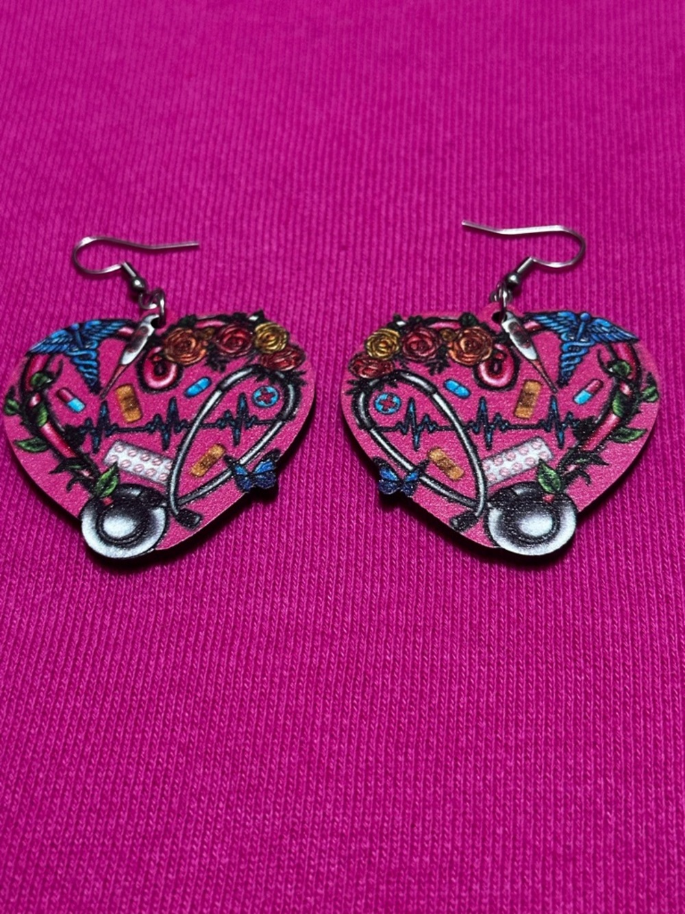 Heart Medical Stethoscope Dangle Earrings - Pink